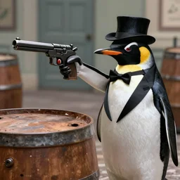 [ penguin!! as corleone, mobster ] penguin!!! tuxedo!!!! mobster!!, mobster penguin aiming a gun at you, barrel toward towards the screen from the new intense action film, 8 k, f 1. 8
