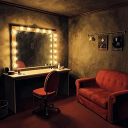 a dimly lit, theater dressing room, with a mirror, a chair, a couch, day of the tentacle style, drawn by Peter Chan