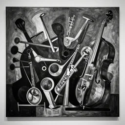 visual representation of be - bop jazz music, black and white, abstract, dark, unreal, insightful, philosophical, multiple musical instruments, moma museum,