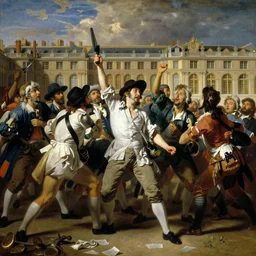 a painting by eugene delacroix depicting people from the 1700s protesting outside the palace of versailles