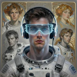 future coder looking on, glowing visor over eyes and sleek neon headphones, neon accents, desaturated headshot portrait painting by donato giancola, dean cornwall, rhads, tom whalen, alex grey, alphonse mucha, astronaut cyberpunk electric fashion photography