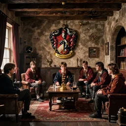gryffindor common room scene, harry potter, gryffindor, by jean - leon gerome, otto pilny, adrien henri tanoux, giulio rosati, orientalism painting