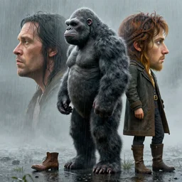 orc and human profile, cinematic long shot, raining, concept art by art by greg rutkowski and tyler jacobson and alphonse mucha, character art, detailed faces, wearing boots, hyperrealistic