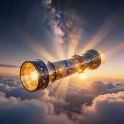 big mechanical tube with glowing lights flying in big fluffy clouds, cinematic light, epic scene, god rays, 8 k, high detailed ornaments, liquid marbling acrylic paint, sunset, magic hour, golden hour, strathosphere, nebula sky, milkyway