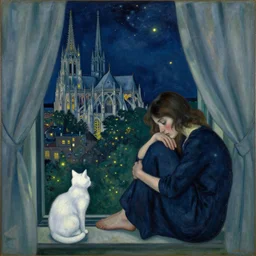 sad woman and white cat with city with gothic cathedral and tall trees seen from a window frame with curtains. night with glowing stars with fireflies. mikalojus konstantinas ciurlionis, henri de toulouse - lautrec, utamaro, matisse, monet