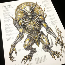 highly detailed labeled medical anatomy poster of a eldritch beast, poster paper with notes, well - lit, ray tracing, detailed, mechanism, forbidden - knowledge, intricate details, gold and silver ink, by kentaro miura, marco bucci