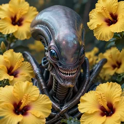 a stunning ultra detailed fantasy fine art portrait photo of a xenomorph from alien movie, surrounded by yellow hibiscus, by tom bagshaw, james jean and natalie shau, 3 5 mm lens, golden ratio composition, deep depth of field, perfect eyes and face, cyberpunk, soft lighting, artstation, 8 k