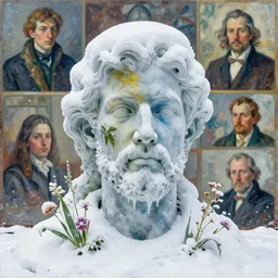a sculpture portrait made of snow and ice and flower and plants, painting part by wojciech siudmak, part by ilya repin, part by max ernst, part by norman rockwell, artstation