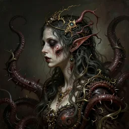 centered horrific detailed side view profile portrait of a insane, crazed, mad zombie woman, ornate tentacles growing around, ornamentation, thorns, vines, tentacles, elegant, beautifully soft lit, full frame, by wayne barlowe, peter mohrbacher, kelly mckernan, h r giger
