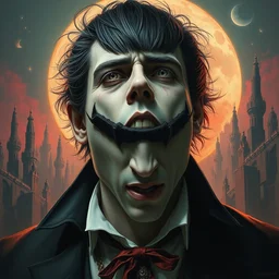 portrait of a male vampire, hyper detailed masterpiece, dystopian background, jean giraud, digital art painting, darkwave goth aesthetic, gothic, artgerm, donato giancola and tom bagshaw