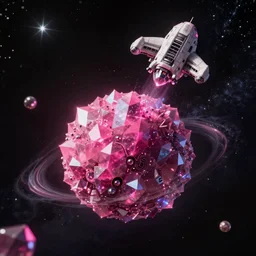 magenta crystal planet with falling spaceship above, 🌌, sparkling stars, kaleidoscopic, 8k,  high detail, wide shot