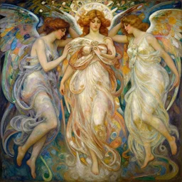 illustration studio portrait of a harem of dark beautiful seraphim females energy in an artistic pose resting in nature, monet painterly motives and textures pattern, hyper detailed, octane render, vivid colors, artstation, by jeremy mann, by alphonse mucha, by monet, neo classical painting of heaven aesthetics