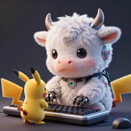 high quality 3 d render very cute neuromancer fluffy! cyborg cow playing! keyboard!!, highly detailed, unreal engine cinematic smooth, in the style of blade runner & detective pikachu, hannah yata charlie immer, moody light, low angle, uhd 8 k, sharp focus