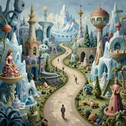 an epic elite beguiling mysterious whimsical masterpiece fantasy matte painting of a winding path through arctic dream worlds with surreal architecture designed by heironymous bosch, structures inspired by heironymous bosch's garden of earthly delights, surreal ice interiors by cyril rolando and asher durand and natalie shau and cyril rolando, insanely detailed and intricate, very complex, elegant