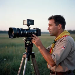 photoreal documentary style cinematography from a 1 9 6 9 national film board of canada film about scouts canada shot on eastman 7 2 5 4 1 6 mm film with a angenieux 1 2 - 1 2 0 lens at magic hour