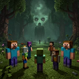 minecraft horror overgrown silent hill realistic characters, Moebius, Greg Rutkowski, Zabrocki, Karlkka, Jayison Devadas, Phuoc Quan, trending on Artstation, 8K, ultra wide angle, zenith view, pincushion lens effect