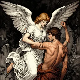 angel protecting man, detailed intricate ink illustration, dark atmosphere, detailed illustration, hd, 4k, digital art, overdetailed art, by greg rutkowski, by loish, complementing colors, Trending on artstation, deviantart
