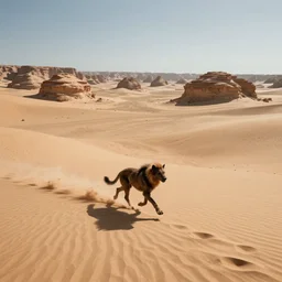 beast running across the open desert, empty desert, sand, karst landscape, wide shot, tense fantasy concept art by greg rutkowski