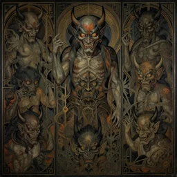 breathtaking detailed concept art painting art deco pattern of yokai demons, by hsiao - ron cheng, bizarre compositions, exquisite detail, extremely moody lighting, 8 k