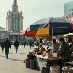 close view of market stall. umbrellas on the stall. set in a square, pedestrians walk past. background of old soviet monument. storyboard, scifi cyberpunk. by gabriel hardman, joe alves, chris bonura. cinematic atmosphere, detailed and intricate, perfect anatomy