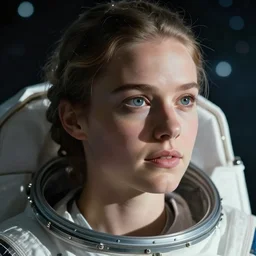 film still of closeup beautiful model space tourists, space port by emmanuel lubezki
