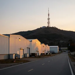 a road next to warehouses, and a hill behind it with a radio tower on top, instant camera, sharp focus, sunset