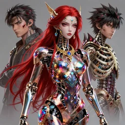 hyperdetailed stunningly beautiful female djinn robot made of iridescent metals and shiny gems, long red hair, golden necklace, noble skeleton inspired by ross tran and wlop and masamune shirow and kuvshinov, photorealistic, concept art, bloody intricate, highly detailed, photorealistic, octane render, 8 k, unreal engine. dnd digital art by artgerm and greg rutkowski