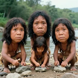 portrait of little cuties 3 times oversized head caveman make stone tools at the river bank, a colorized photo, colorized, # film, movie still