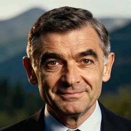 up close portrait of mr bean, face, gorgeous lighting, dramatic lighting and composition, award winning photograph, mountain forest in background