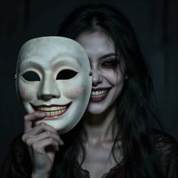 dark eerie woman holding a realistic mask partially covering her wicked grin