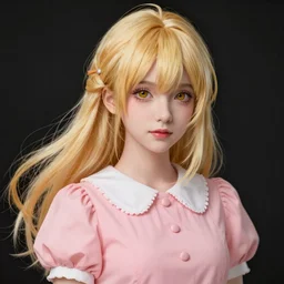 an anime girl with blond hair and pink dress, high quality mastercraft digital painting, impossible detail, hyper realistic, sharp, sharp, 4k, ultrahd, virtuosic level detail, gorgeous lighting