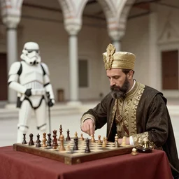 ottoman sultan playing chess with a stormtrooper in the topkapi palace, photo from 1870s, extremely realistic, old photo