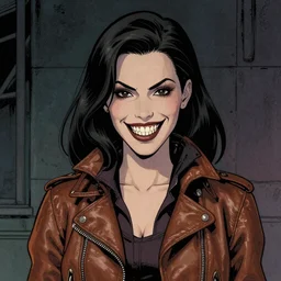 in the style of Rafael Albuquerque comic art, Samara Weaving vampire, sharp teeth grin, sarcastic, brown leather jacket
