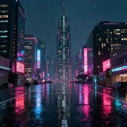 Cyberpunk city with neon lights, landscape, raining, reflections, digital art, photorealistic, 4k,