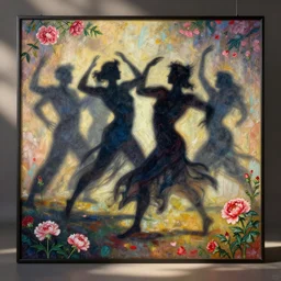 shadow people of the 1 9 9 0 s dancing by gustave dore. back glass painting, carnation, encaustic painting, b - roll, establishing shot, dappled light, crime scene photography, 8 k, vray, unreal engine, blender cycles, colorful