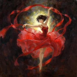 baroque oil painting of anime key visual concept art of ribbon dancer in the dark, backlighting, red ethereal flowing ribbons, acrylic painting, trending on pixiv fanbox, palette knife and brush strokes, style of makoto shinkai jamie wyeth edward hopper greg rutkowski studio ghibli genshin impact