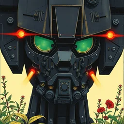 risograph grainy painting of gigantic huge evangelion - like gundam mech face, black colors, with huge earrings and glasses with a lot of details and lasers, covered with plants, half - life 2 scene, by moebius, close - up wide portrait