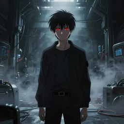 1 9 9 7 anime dystopian movie still : : virtual mechanical hall interior art : : young guy villain red eyes : : somber future cables lab shadowed background : : faceless staring blankly, fog and smoke
