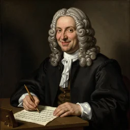 a renaissance painting of bach, he is smiling at the camera and writing a piece of music on a sheet.