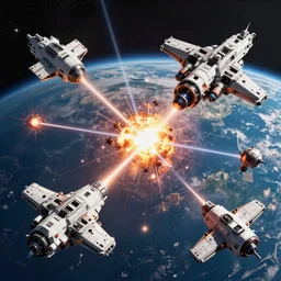 Movie scene of a huge space battle near Earth, with explosions and lasers shooting, only a few large hyper detailed spacecraft, hyperdetailed, realistic, isometric 3D, isometric view, artstation, cgsociety, 8k