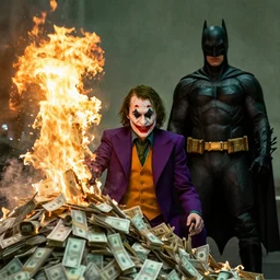 Christian Bale as the Joker, burning huge pile of cash in front Christian Bale as Batman