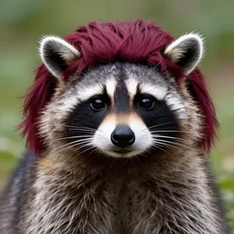 raccoon wearing maroon wig, photo, detailed, 4 k