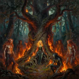 high intricate oil painting of evil forest spirits burning the ancient forest, massive ancient tree, maria panfilova, andrea savchenko, mike kime, ludovic plouffe, qi sheng luo, oliver cook, david noren, trending on artstation
