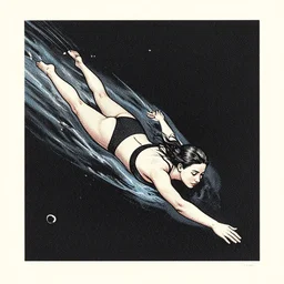 screen print, a young woman swimming in space, loish ( ( karolis strautniekas ) ), christopher balaskas, detailed, dynamic pose, halftone shaded, matte print, editorial illustration, centered perspective