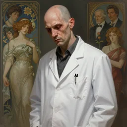 a bald sick man in white lab coat, highly detailed, digital painting, artstation, concept art, smooth, sharp focus, illustration, artstation, art by artgerm and greg rutkowski and alphonse mucha and j. c. leyendecker and edmund blair leighton and katsuhiro otomo and geof darrow and phil hale and ashley wood and ilya repin and charlie bo