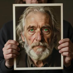 a green-eyed lad holds up picture of himself as very old man