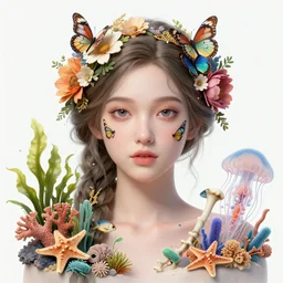hyperrealistic detailed portrait of a girl, with flowers, butterflies, corals, sea kelp, sea plants, fish, starfish, jellyfish, bacteria, bones, golden filigree, art by ernst haeckel, john william godward, hammershøi, alphons mucha, pontormo, ornamental, decorative, art nouveau, lights by hopper, pastel deep colours,