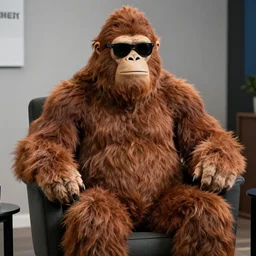 Bigfoot sitting in an interview chair wearing sunglasses, photorealistic