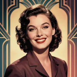 smiling, happy, beautiful, intelligent, powerful 1 9 4 0 s movie star loving eyes, fully clothed, wise, beautiful, dramatic lighting, sharp focus, art deco patterns by stanley artgerm, retro futurism, dramatic lighting, trending on artstation, flat colour, geometric curves, gradient filter