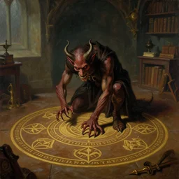 A demon claws at a summoning circle in the study of a wizard, matte painting, 1700s, indoors, wizard